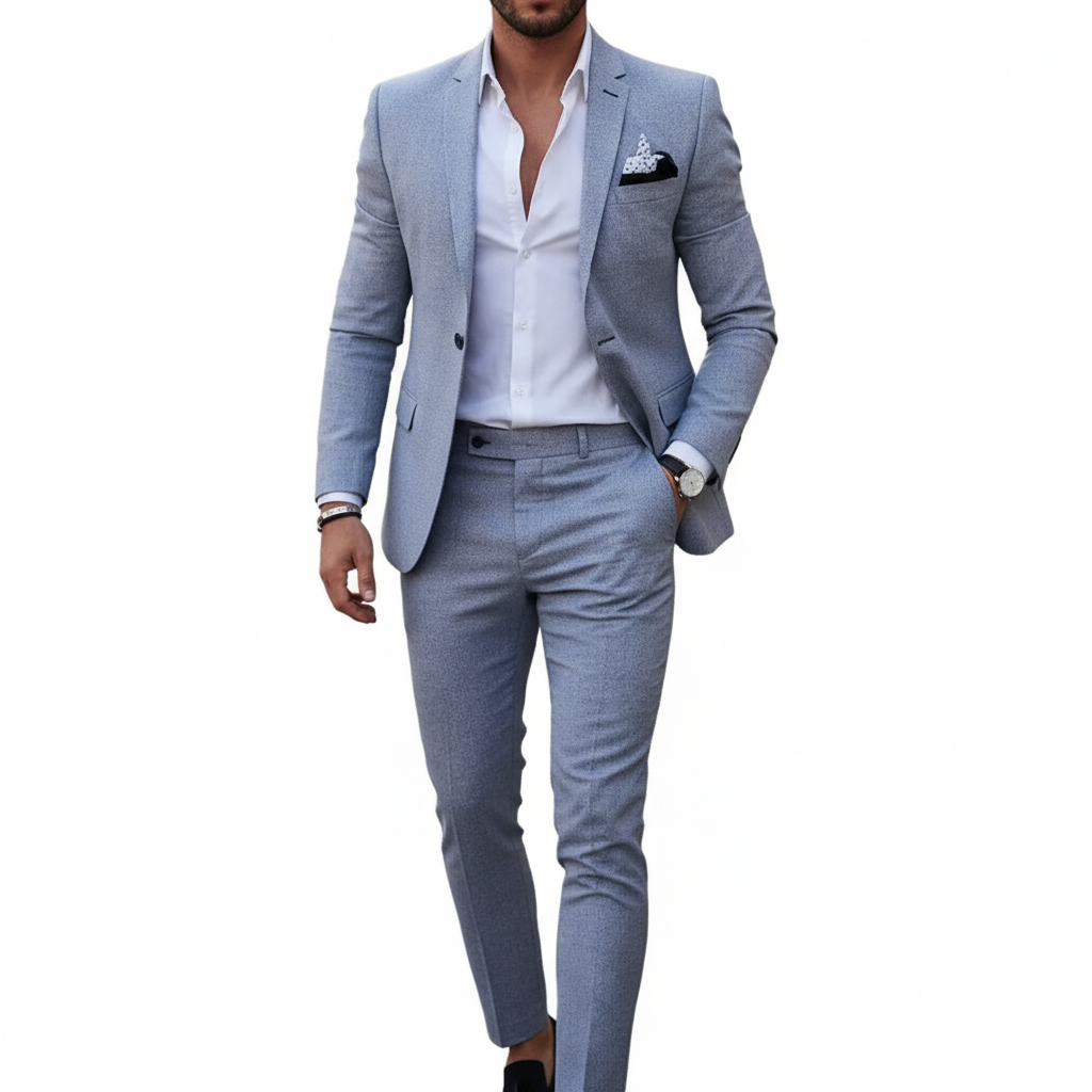Men's tailored two-piece suit with notch lapel jacket and matching trousers