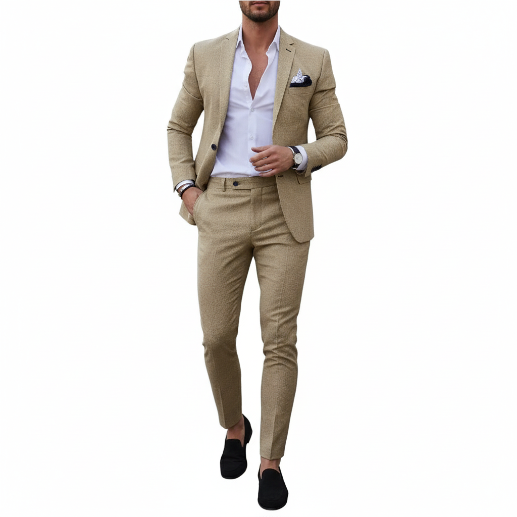 Men's tailored two-piece suit with notch lapel jacket and matching trousers