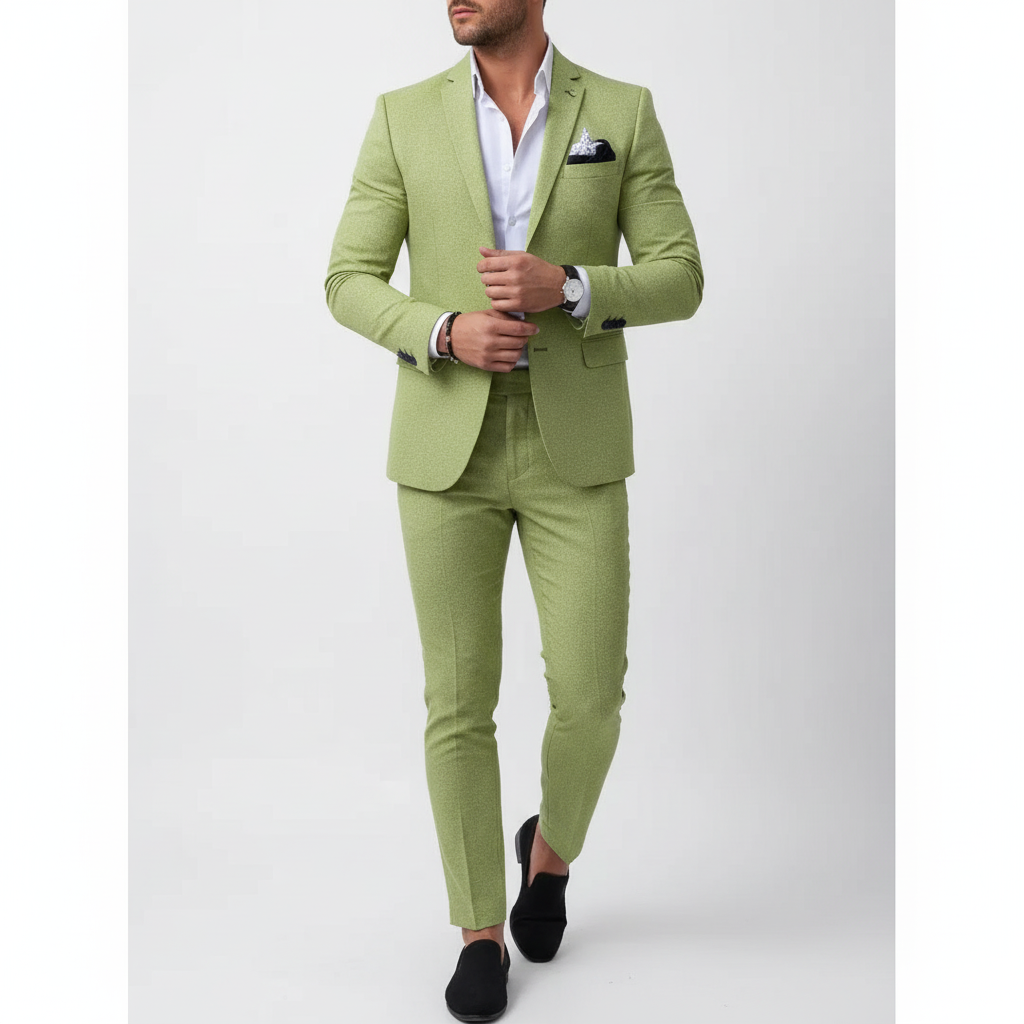 Men's tailored two-piece suit with notch lapel jacket and matching trousers