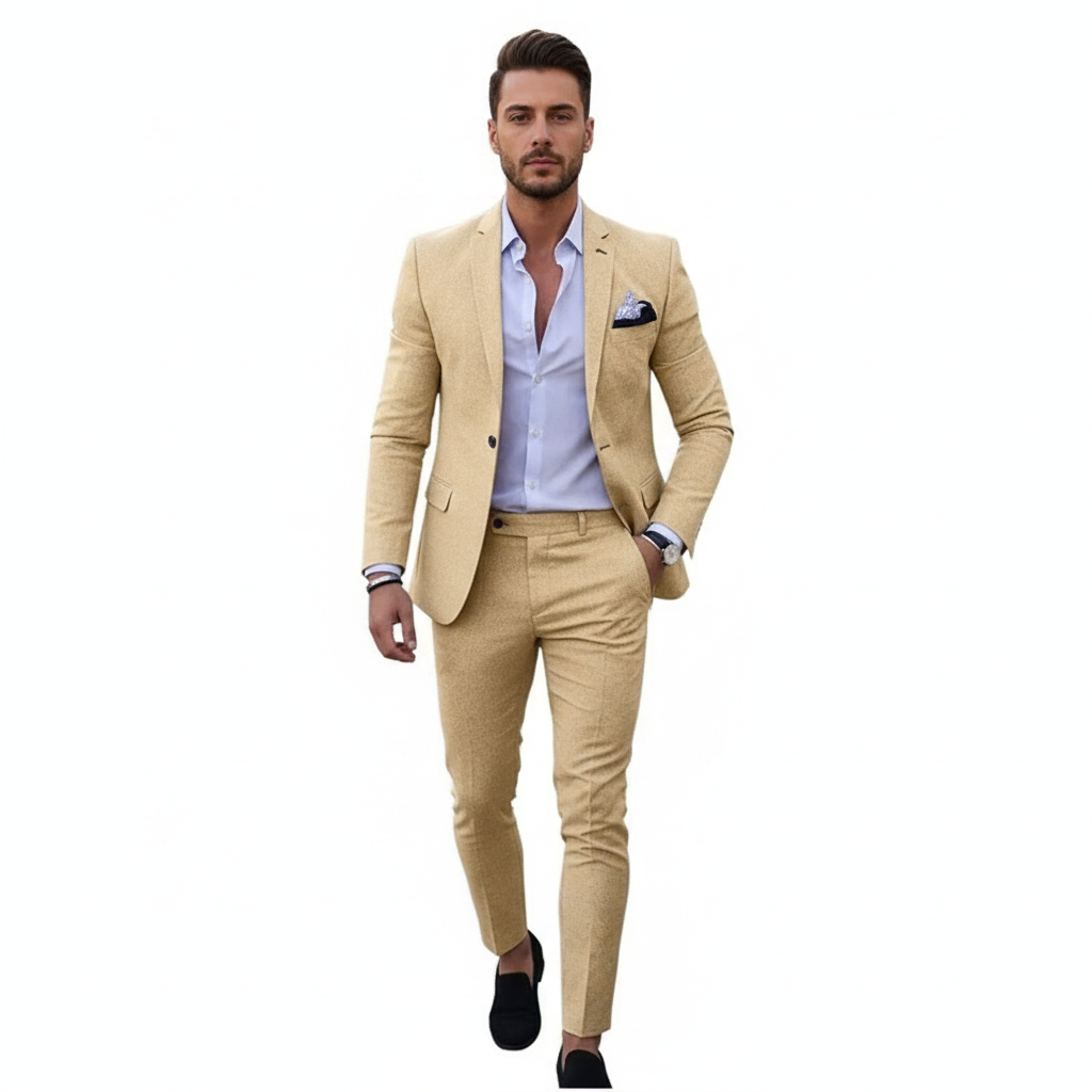 Men's tailored two-piece suit with notch lapel jacket and matching trousers