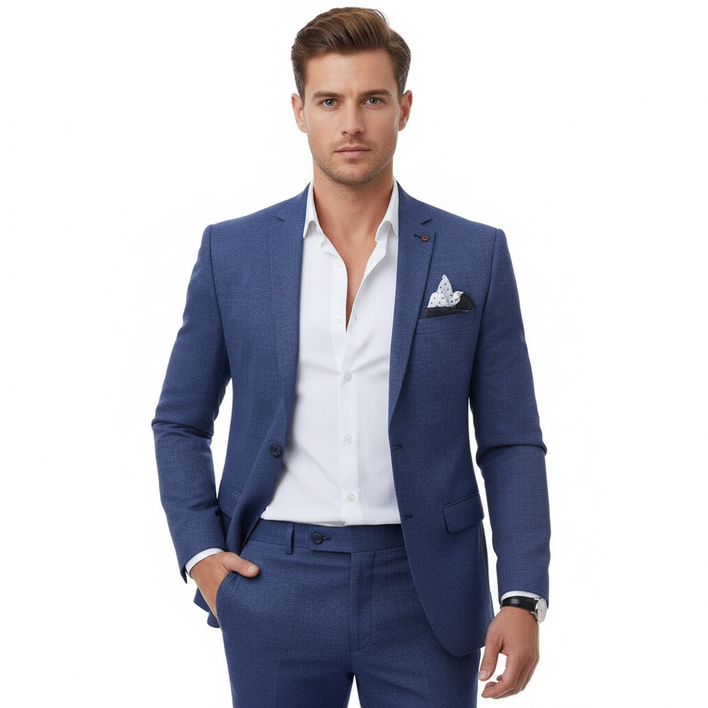 Men's tailored two-piece suit with notch lapel jacket and matching trousers
