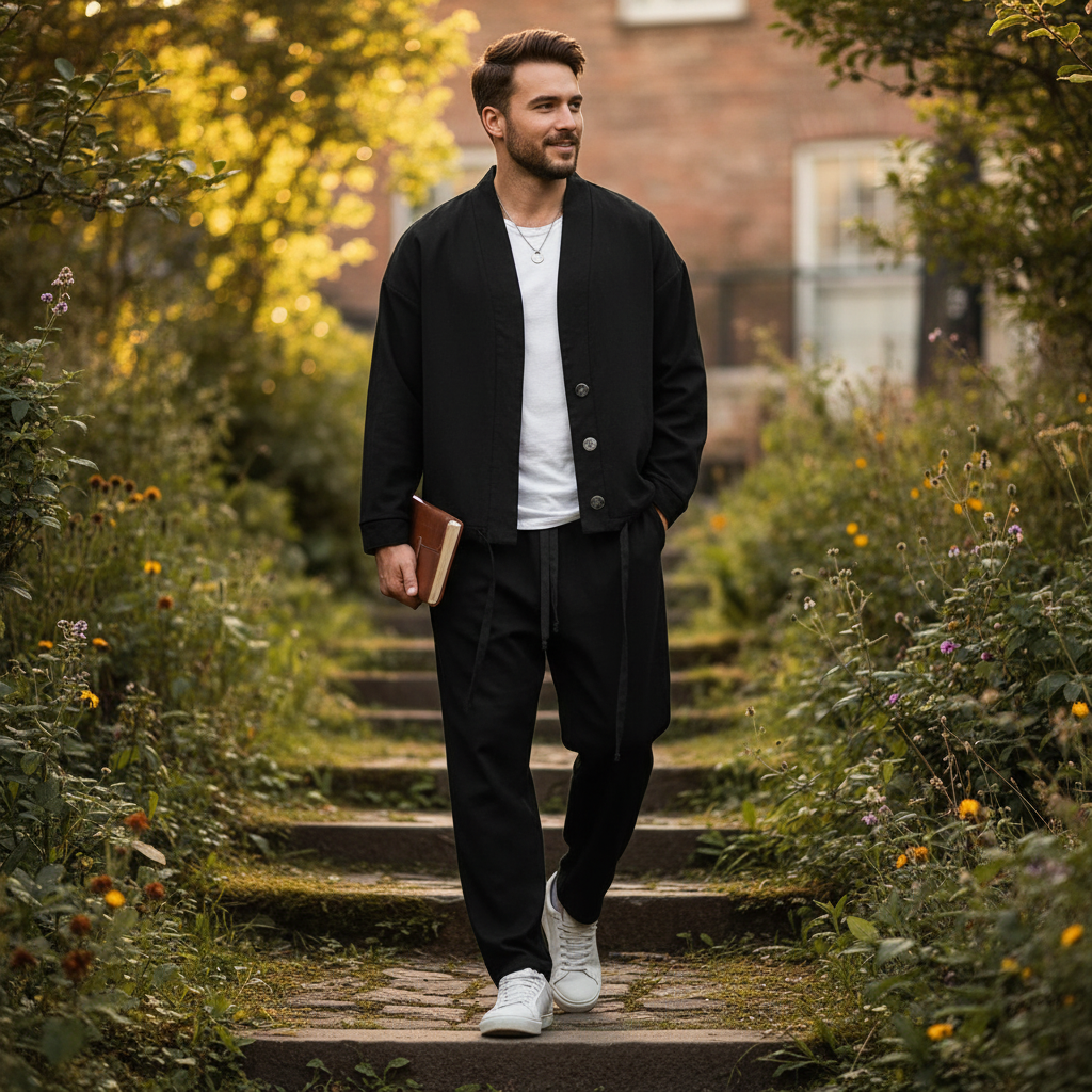 Men's two-piece set with a button jacket and drawstring trousers