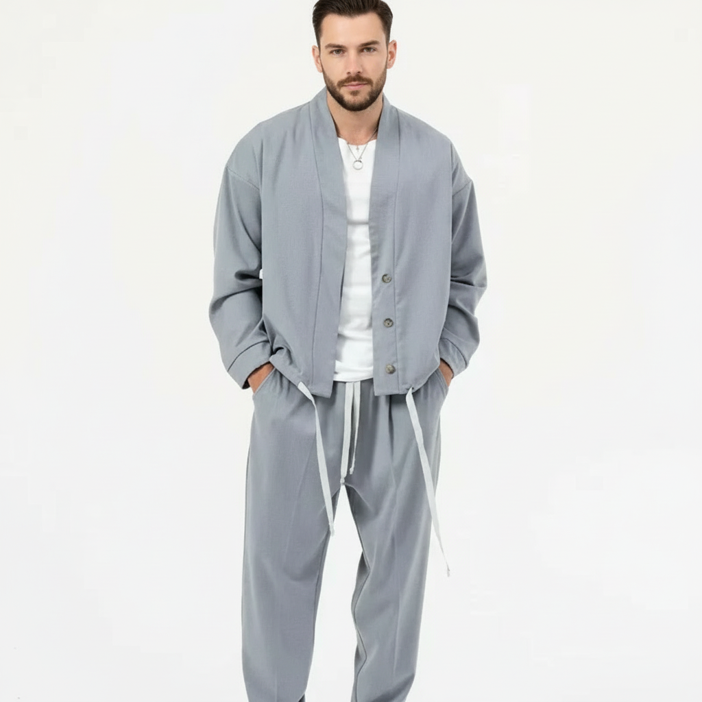 Men's two-piece set with a button jacket and drawstring trousers