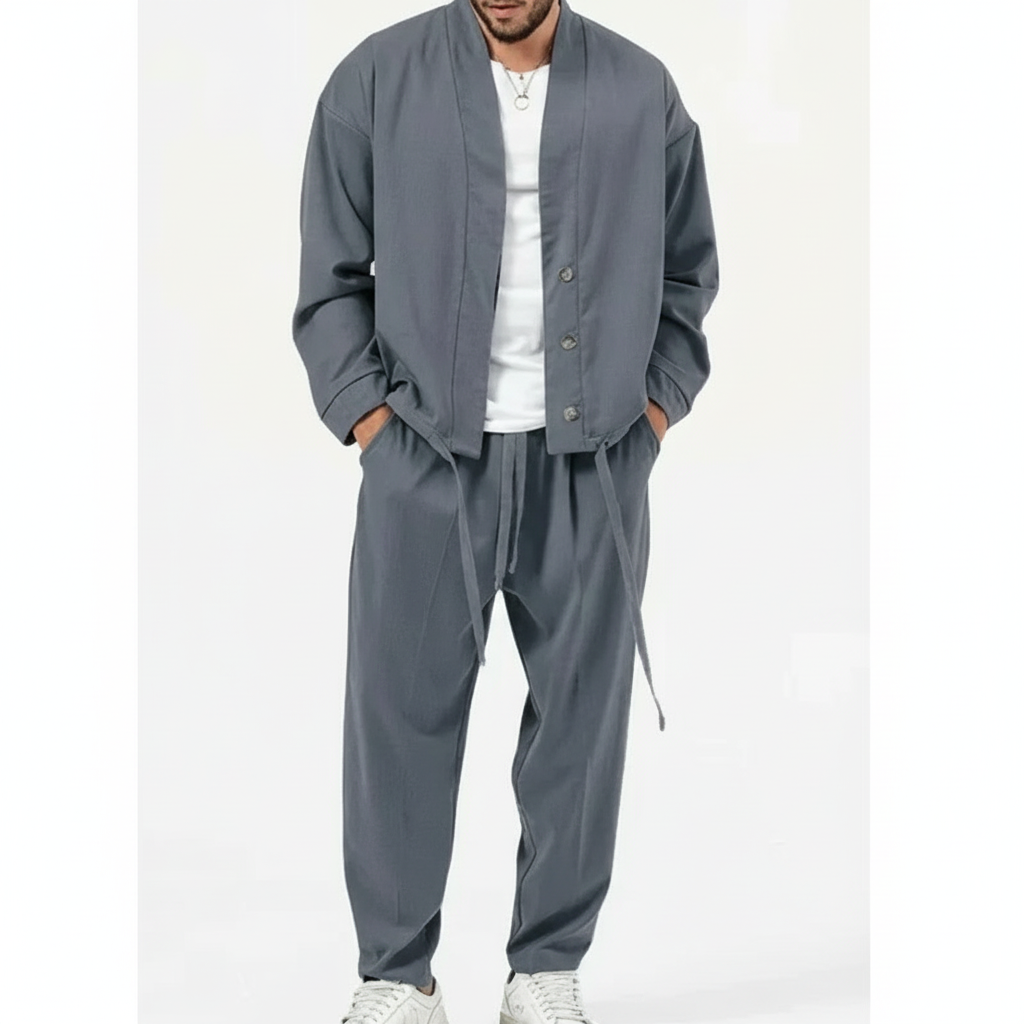 Men's two-piece set with a button jacket and drawstring trousers
