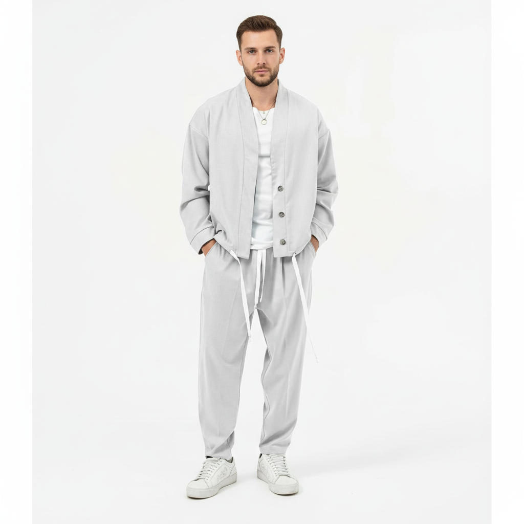 Men's two-piece set with a button jacket and drawstring trousers