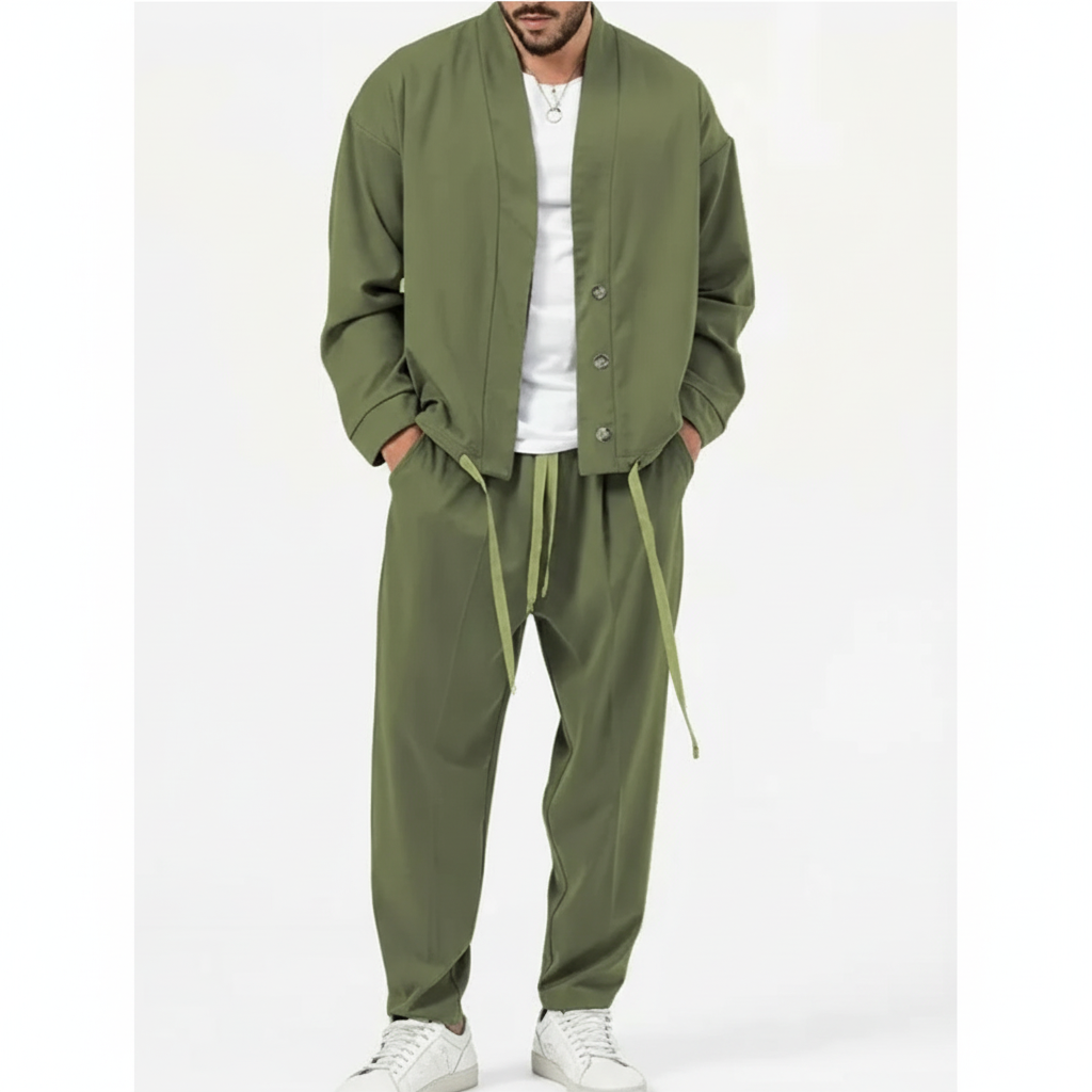 Men's two-piece set with a button jacket and drawstring trousers