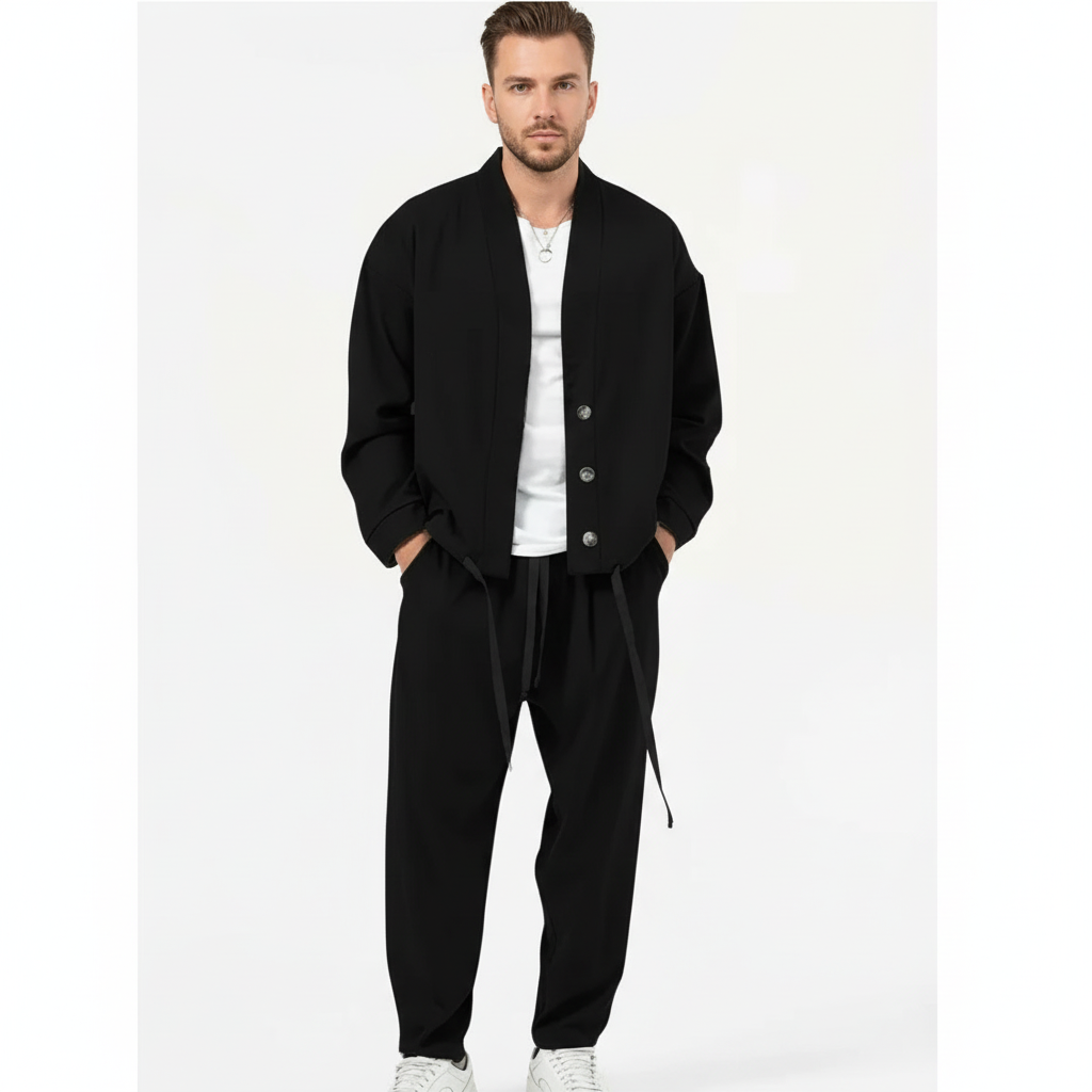Men's two-piece set with a button jacket and drawstring trousers