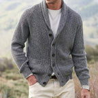 Men's knitted shawl collar cardigan with button front and patch pockets