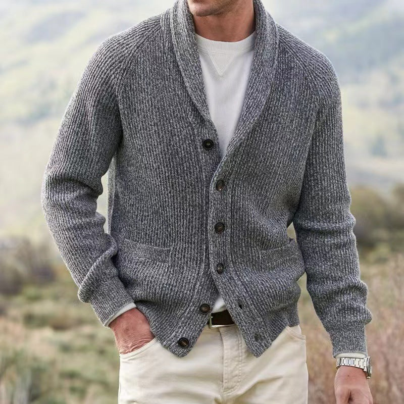 Men's knitted shawl collar cardigan with button front and patch pockets