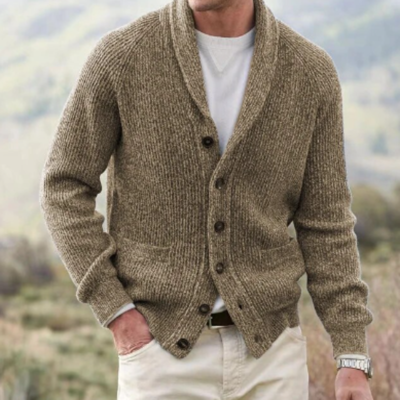 Men's knitted shawl collar cardigan with button front and patch pockets