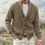 Men's knitted shawl collar cardigan with button front and patch pockets