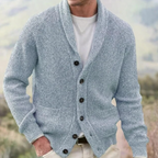 Men's knitted shawl collar cardigan with button front and patch pockets