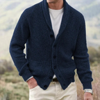 Men's knitted shawl collar cardigan with button front and patch pockets