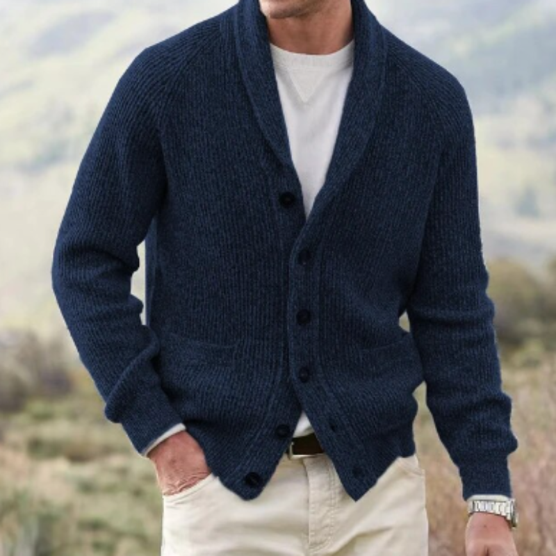 Men's knitted shawl collar cardigan with button front and patch pockets