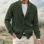 Men's knitted shawl collar cardigan with button front and patch pockets