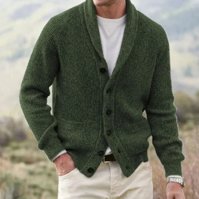 Men's knitted shawl collar cardigan with button front and patch pockets