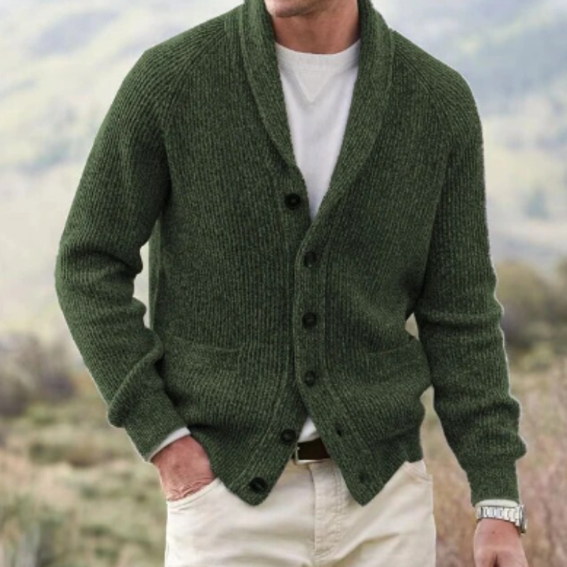 Men's knitted shawl collar cardigan with button front and patch pockets