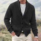 Men's knitted shawl collar cardigan with button front and patch pockets