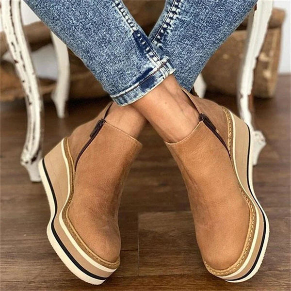 Women's ankle wedge boots with side zipper and layered platform sole