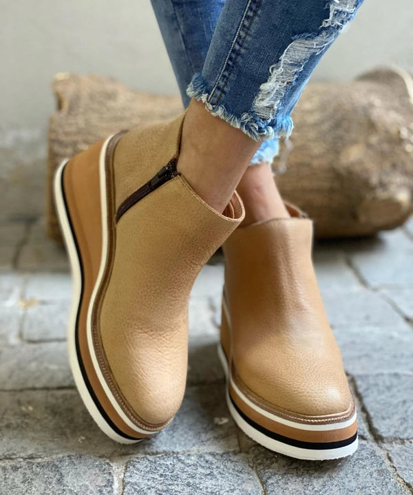 Women's ankle wedge boots with side zipper and layered platform sole