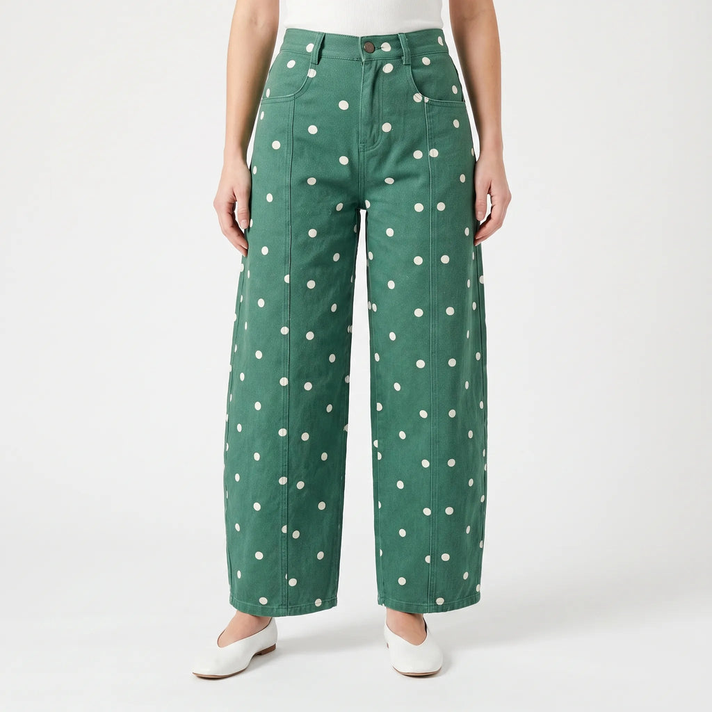 Women's high waist barrel leg jeans with an all-over polka dot pattern