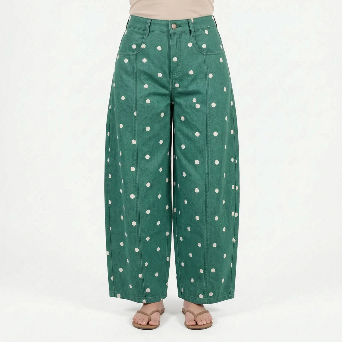 Women's high waist barrel leg jeans with an all-over polka dot pattern