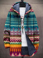 Multicoloured geometric patterned zip-up hoodie with lined hood