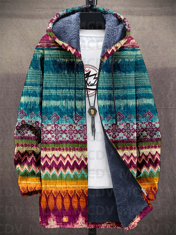 Multicoloured geometric patterned zip-up hoodie with lined hood