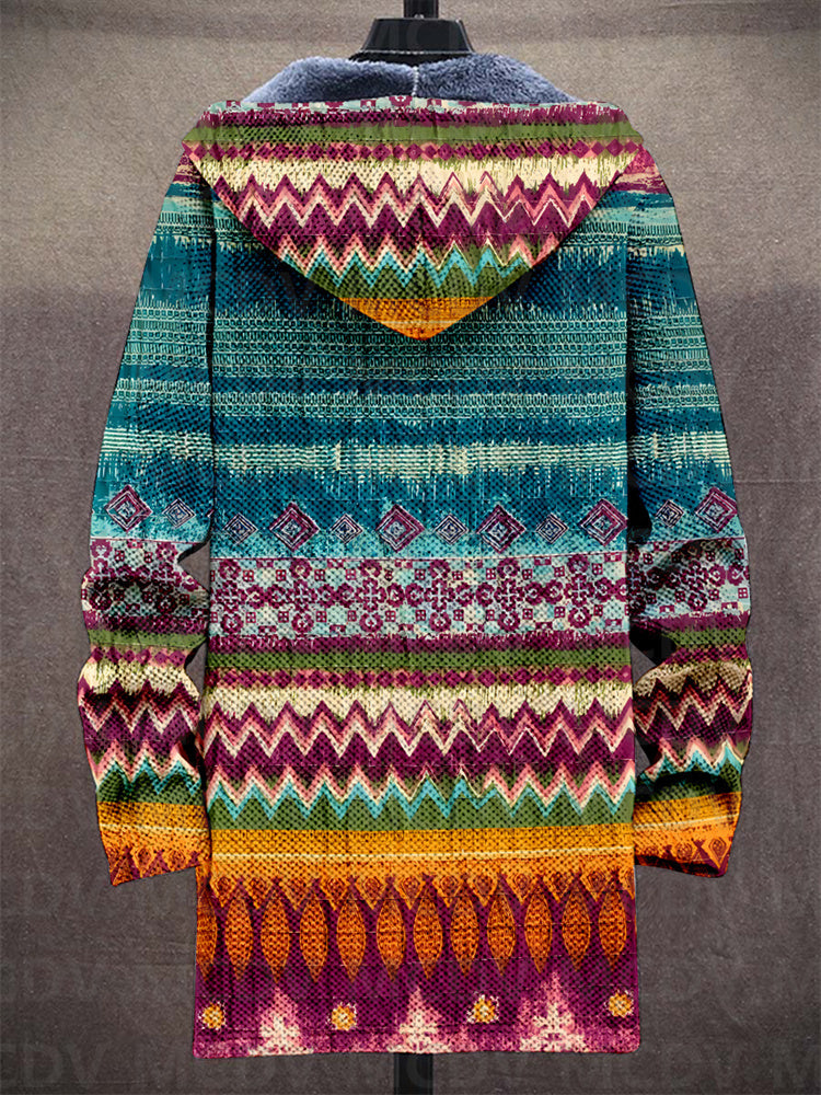 Multicoloured geometric patterned zip-up hoodie with lined hood