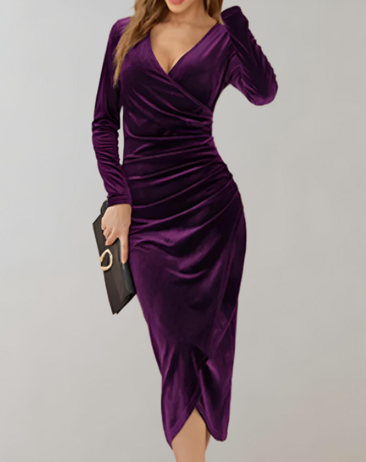Women's Ruched Velvet-Look Wrap Midi Dress