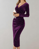 Women's Ruched Velvet-Look Wrap Midi Dress