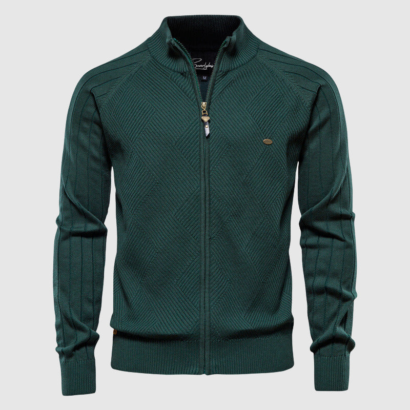 Men's textured knitted zip cardigan with stand collar