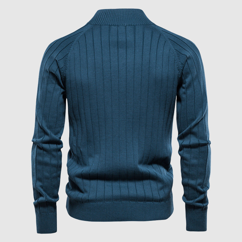 Men's textured knitted zip cardigan with stand collar