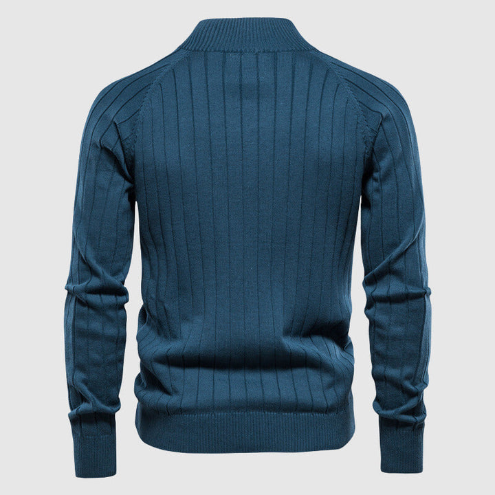 Men's textured knitted zip cardigan with stand collar