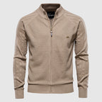 Men's textured knitted zip cardigan with stand collar