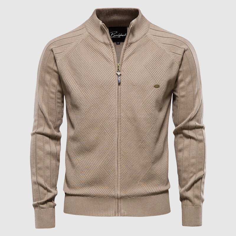 Men's textured knitted zip cardigan with stand collar