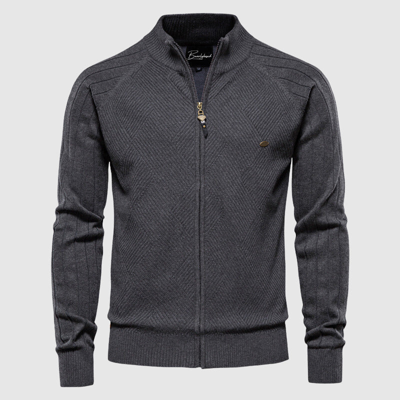 Men's textured knitted zip cardigan with stand collar