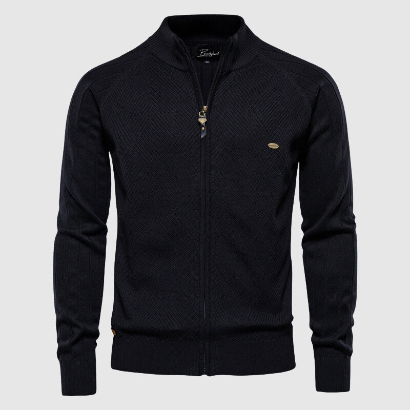 Men's textured knitted zip cardigan with stand collar