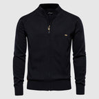 Men's textured knitted zip cardigan with stand collar