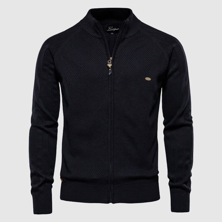 Men's textured zip-up cardigan with mock neck and long sleeves