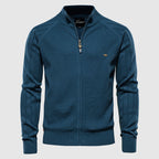 Men's textured knitted zip cardigan with stand collar