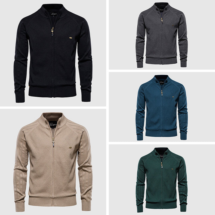 Men's textured knitted zip cardigan with stand collar