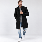 Men's long button-front overcoat with tailored fit, lapel collar and side pockets