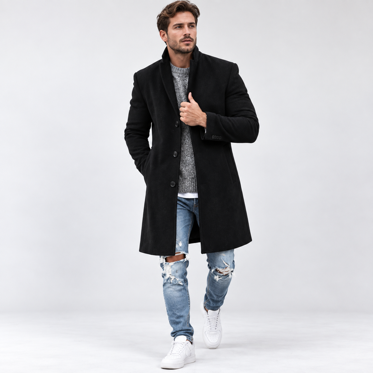 Men's long button-front overcoat with tailored fit, lapel collar and side pockets