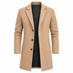 Men's long button-front overcoat with tailored fit, lapel collar and side pockets
