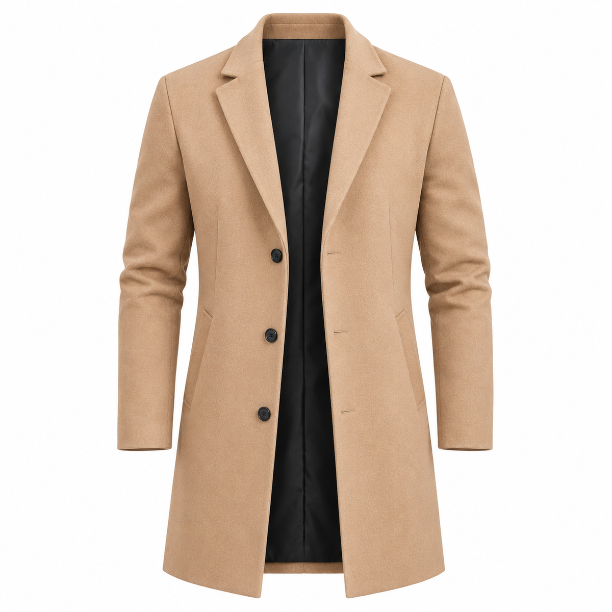 Men's long button-front overcoat with tailored fit, lapel collar and side pockets
