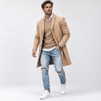 Men's long button-front overcoat with tailored fit, lapel collar and side pockets