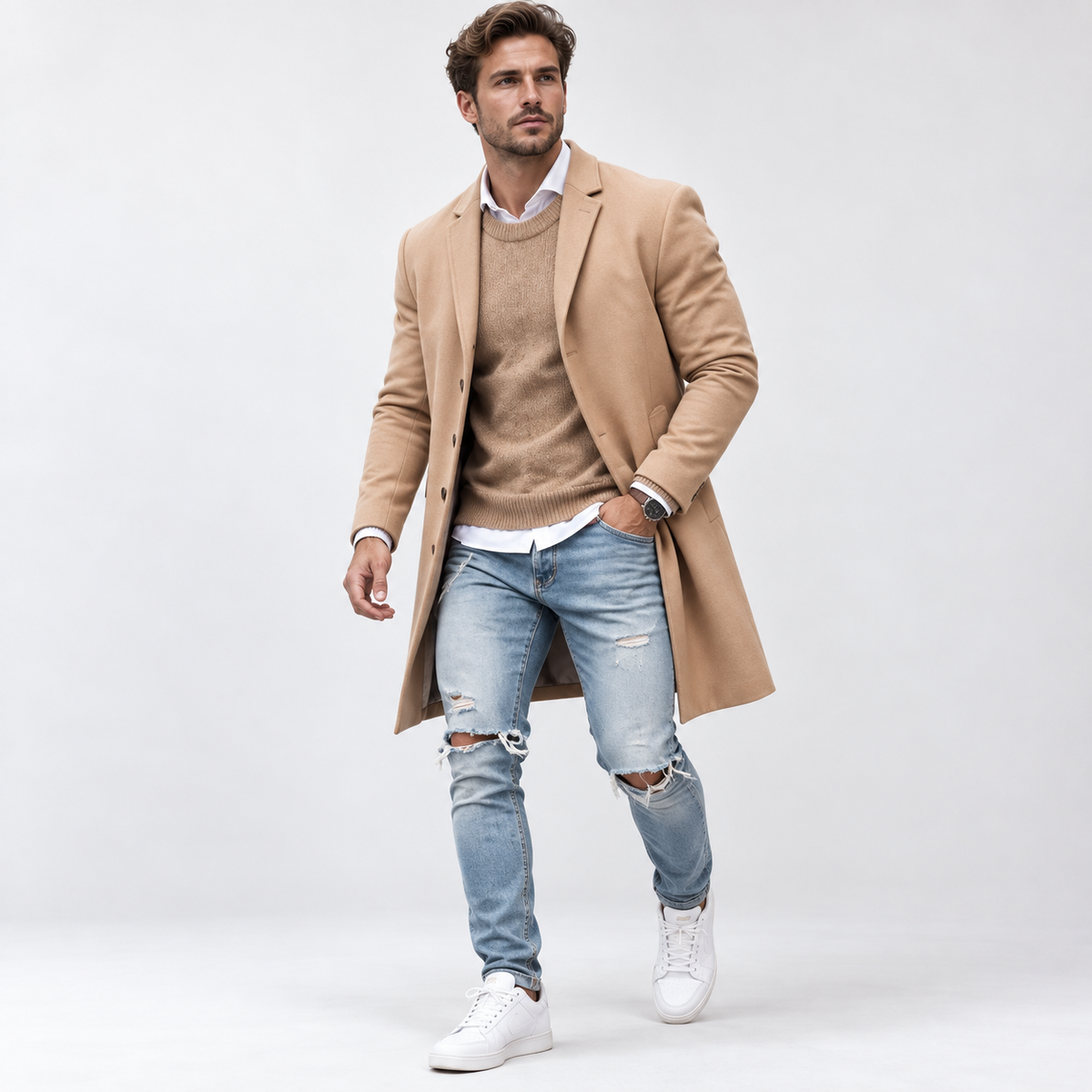 Men's long button-front overcoat with tailored fit, lapel collar and side pockets