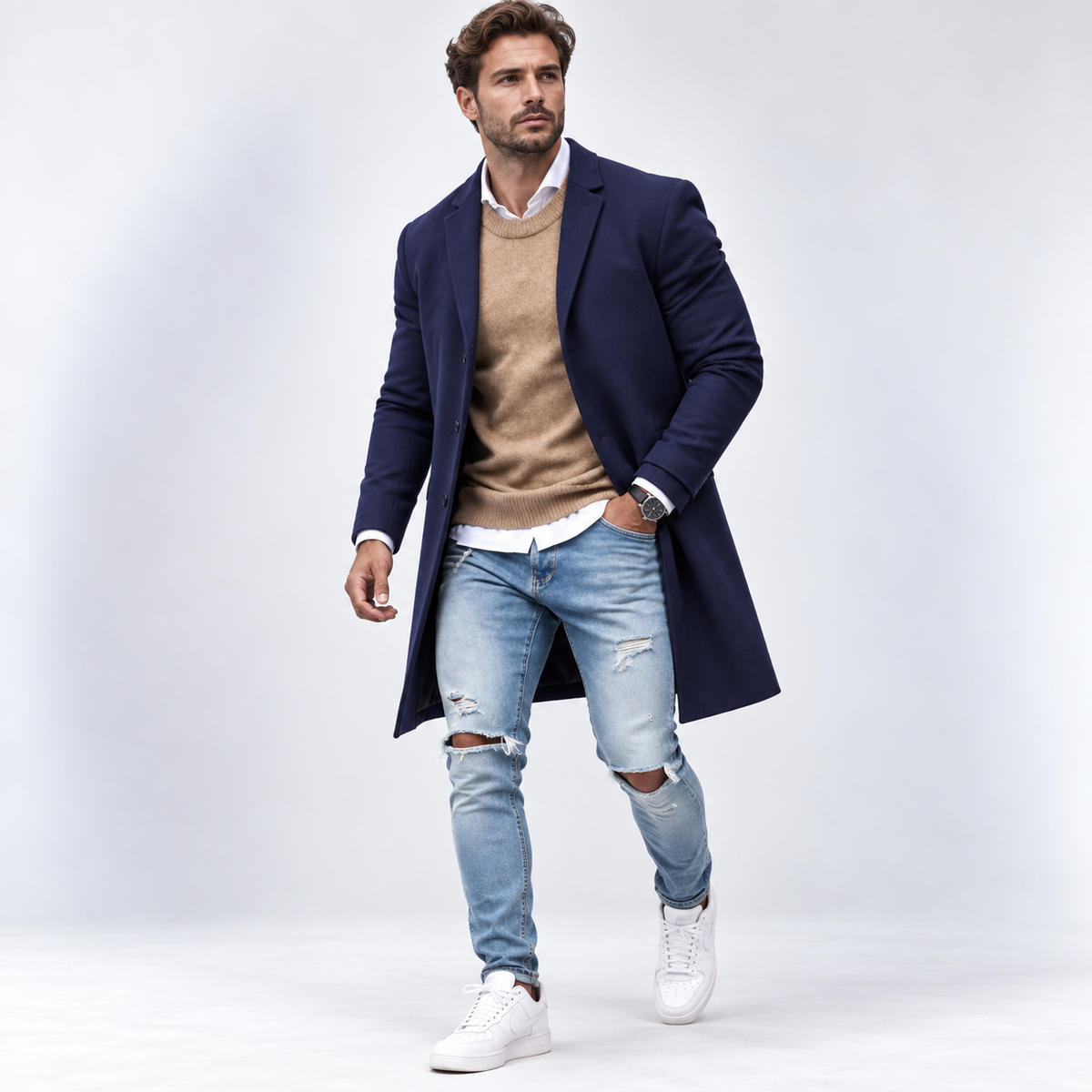 Men's long button-front overcoat with tailored fit, lapel collar and side pockets