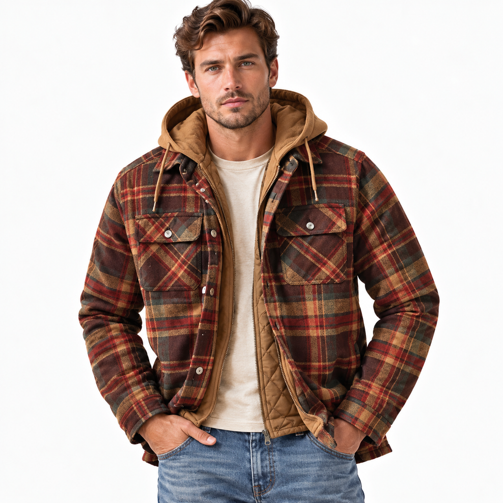 Men's checked plaid hooded jacket with long sleeves and multiple pockets